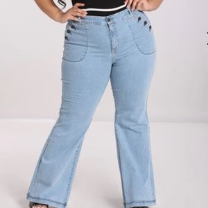 Hell Bunny Jill Jeans stretchy retro wide flared leg light blue denim  UK22 US18